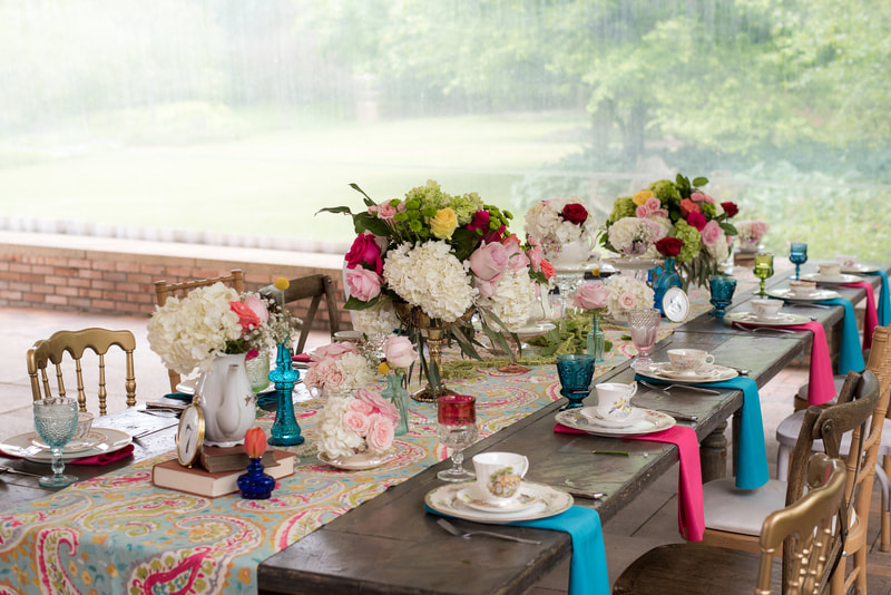 Colorful vintage glassware and teacup rentals at the Chicago botanic gardens in Glencoe