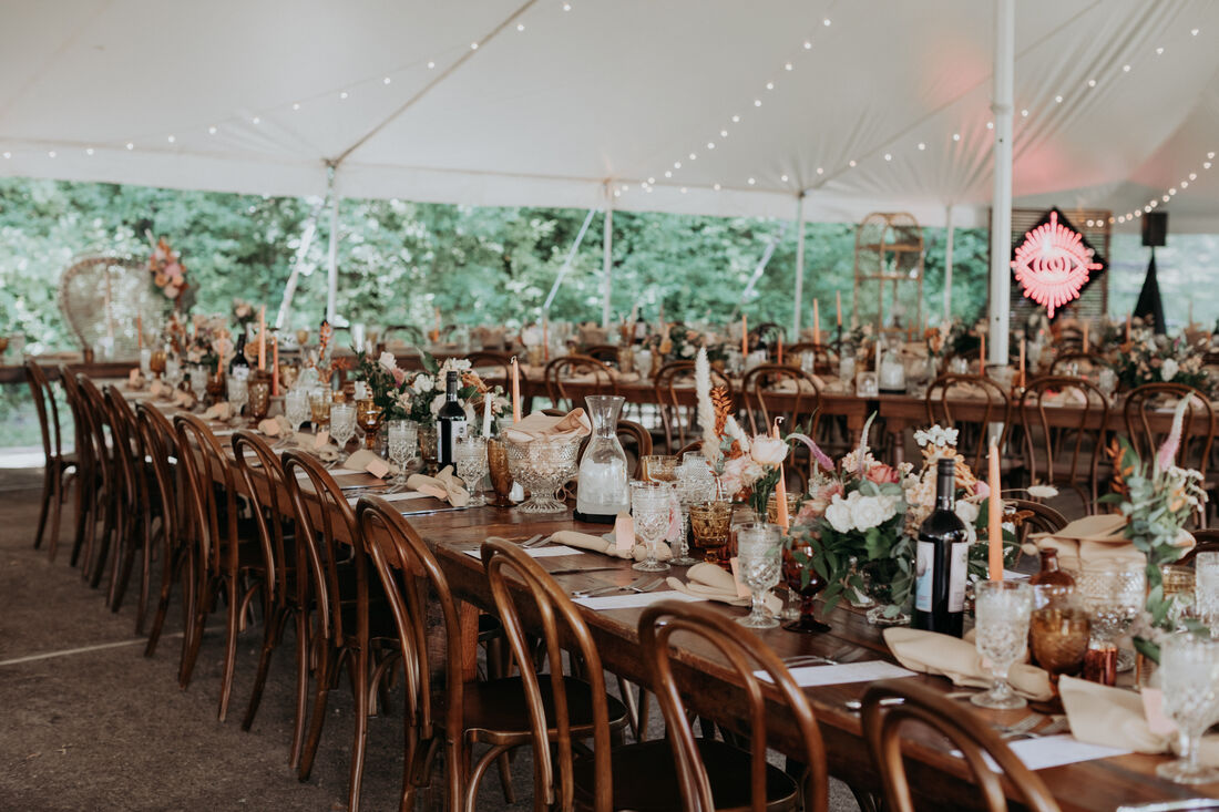 Camp wedding farm tables