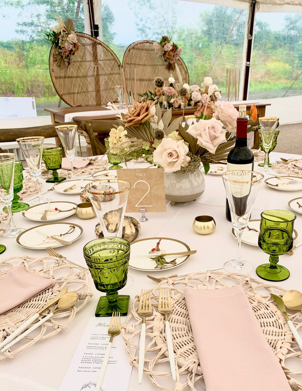 Olive green goblets on a boho styled table in Barrington IL