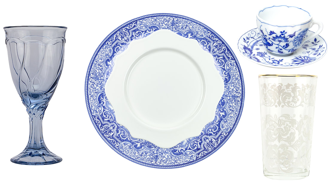 Blue goblet, Blue and White dinner plate, teacup and saucer, Scalloped Water Lily Salada plate, Grandma's tumbler