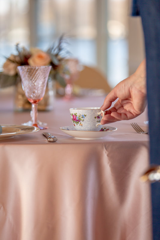 Main Street Beach, Crystal Lake, IL Blush stemware rentals with Elegant Floral teacup and saucer for a tea party.