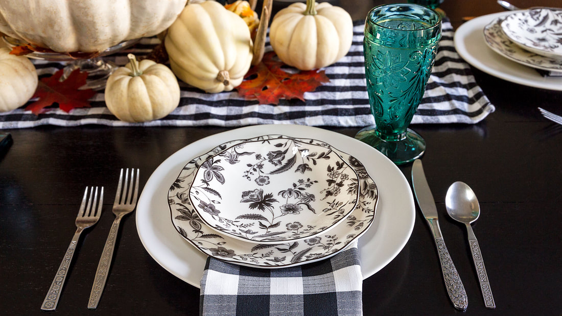 Black Toile salad and bread plate, Linen Coupe dinner plate, teal glass, mismatched retro flatware