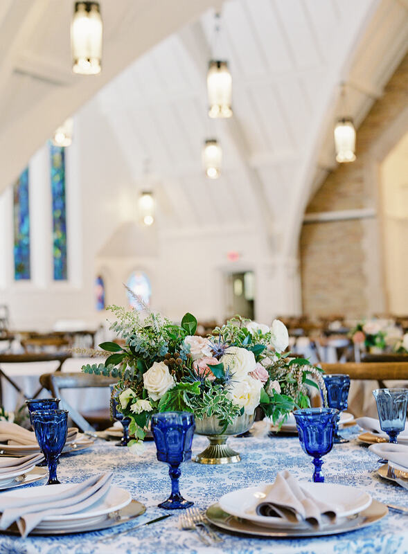 Blue goblets on a table at the covenant at Maurray Mansion