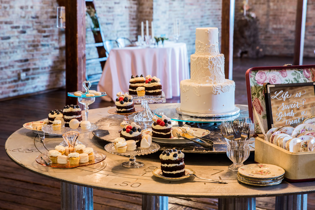 Fancy Wedding cake and Dessert Table at The Haight in Elgin Illinois