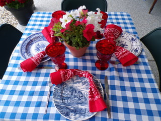 Blue and White plate with retro flatware and red glass