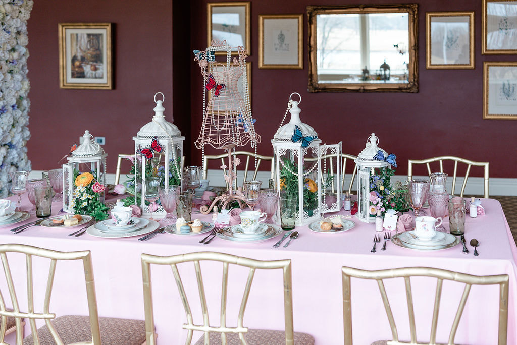 Teacups saucers, butterflies, pink goblets, vintage flatware 