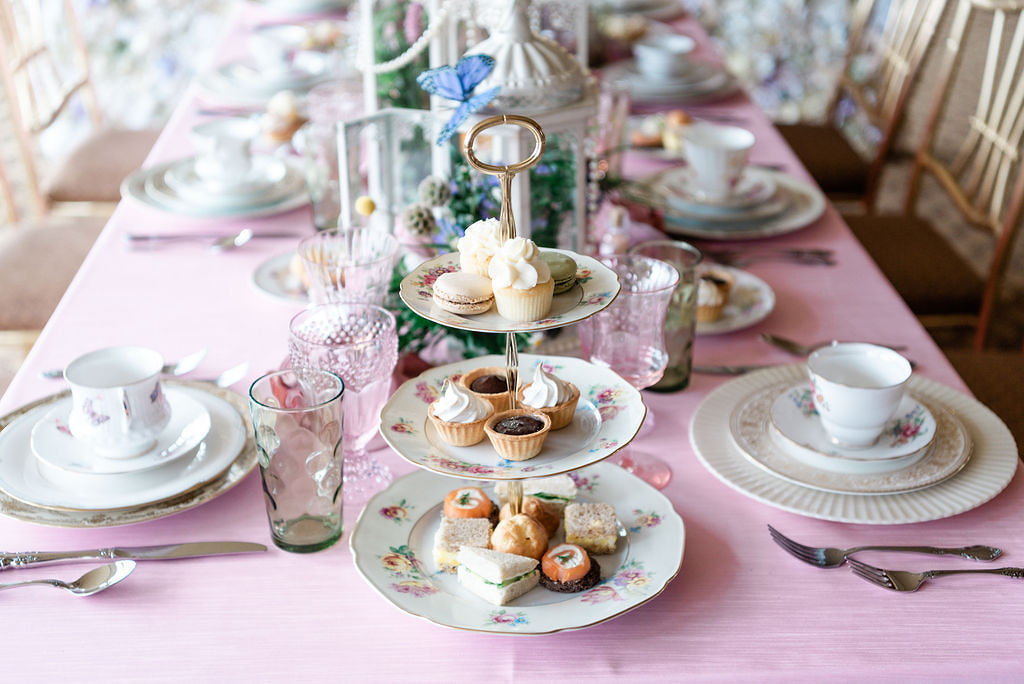 Three-tiered Elegant Floral China server for tea party rental