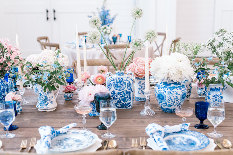 Blue and white vessels with florals