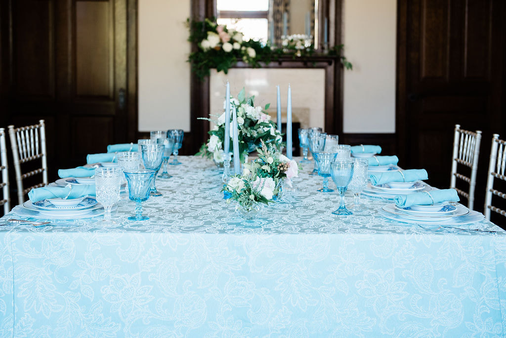 Light Blue table setting at The Barringtons white house in Barrington Illinois
