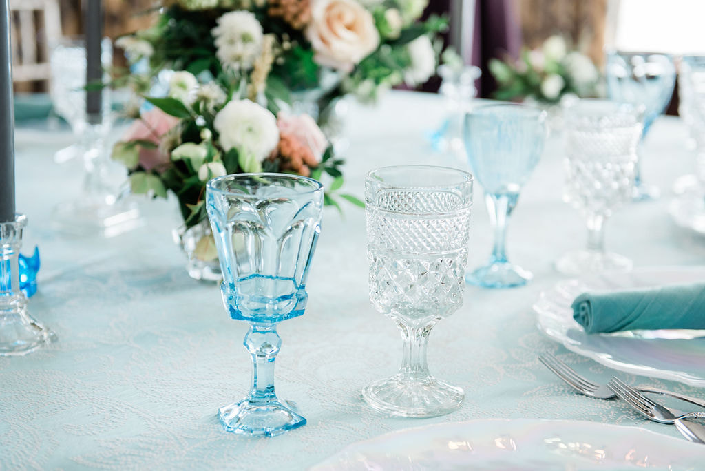 Blue glassware rentals on a table at The Barrington's White House in Barrington IL