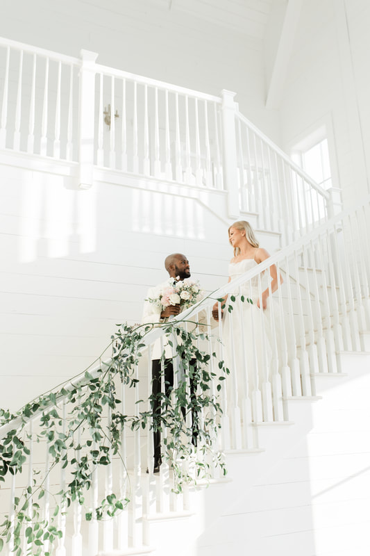 White staircase Providence Vineyard wedding Hebron IL