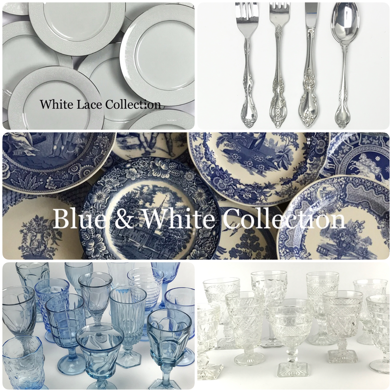 Blue and white dinnerware rentals with light blue stemmed glassware and clear goblet rentals near Barrington IL