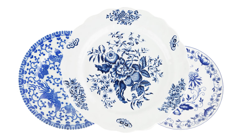 Blue and white mismatched plates