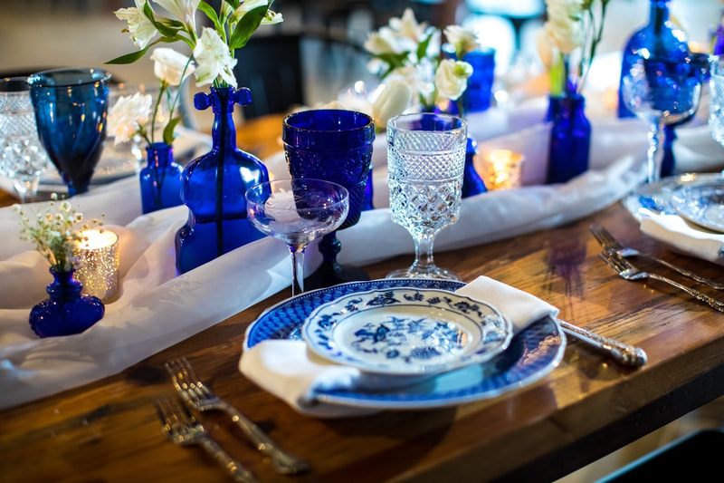 Blue and white dish rentals in Crystal Lake, Lake Geneva and Chicago