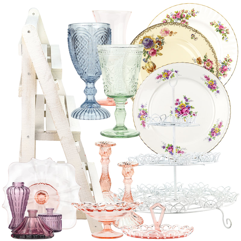 Vintage glassware, perfume bottles and cake serving pieces with cupcake holder and glass candleholder, Elegant Floral dinner plates.