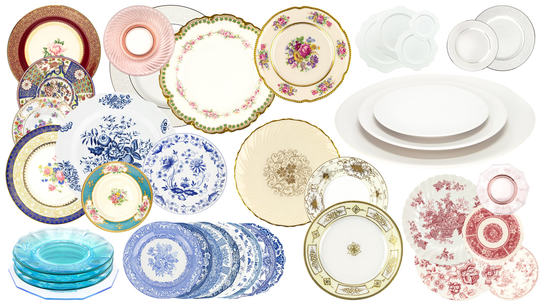 Assortment of mismatched tableware for rent in Crystal Lake Illinois