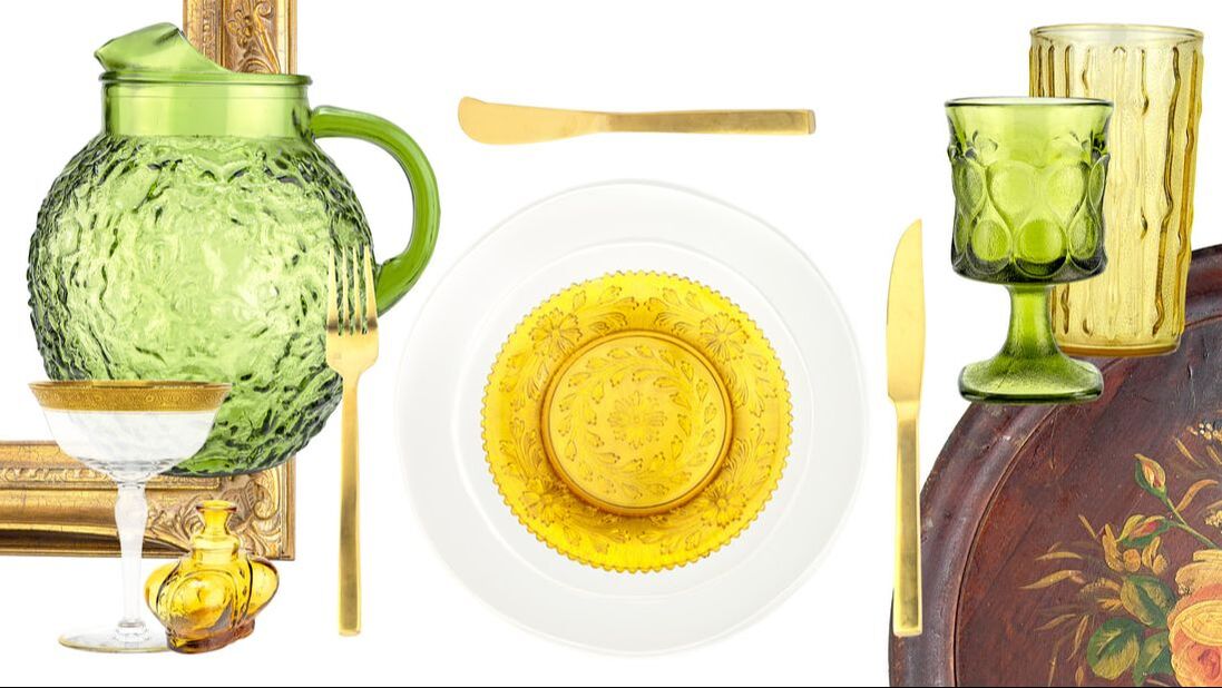 Retro tableware, green pitcher, amber plates, amber glasses