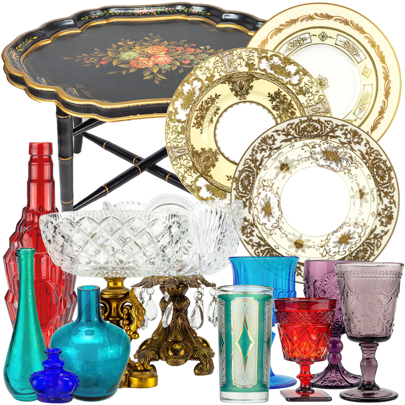 Vintage serving table, crystal bowls with brass bases, Glorious Gold dinnerware collection, vintage colored glass bottles, purple, peacock, red stemware, and vintage teal and gold tumbler.