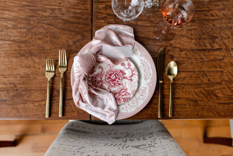 Vintage Rose place setting, D'Arques wine, pink goblet, brushed gold flatware 