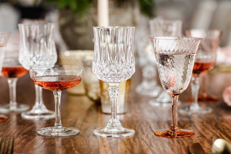 D'Arques glass, etched champagne coupe, blush pink wine