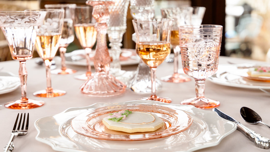 Peach Fuzz/Blush plates, candlesticks, glasses and wine glasses