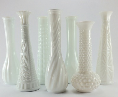 White milk glass vases for rent in the North Shore of Chicago