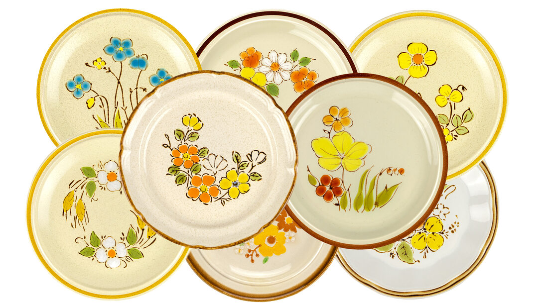 Vintage mismatched Flower Power salad plates
