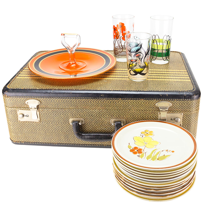 Retro collection of tumblers, suitcase, salad plates and serving tray