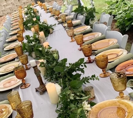Amber glassware, salad plates, linen coupe plates