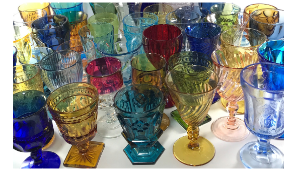 Festive Jewel toned wedding glassware rentals near Wheaton Illinois.