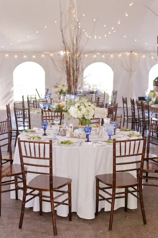 Blue stemware wedding rentals on a white table near galena illinois
