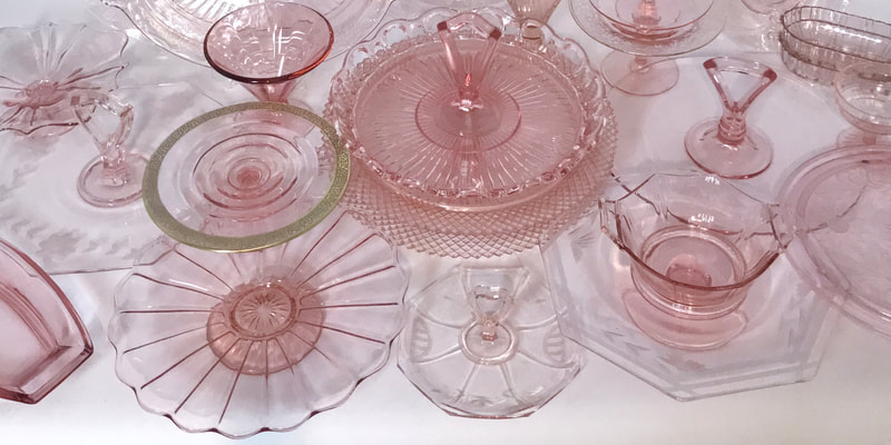  pink depression glass cake plates party rental Highland park Illinois. Pink pedestal cake stands available for rent  near Barrington Illinois.
