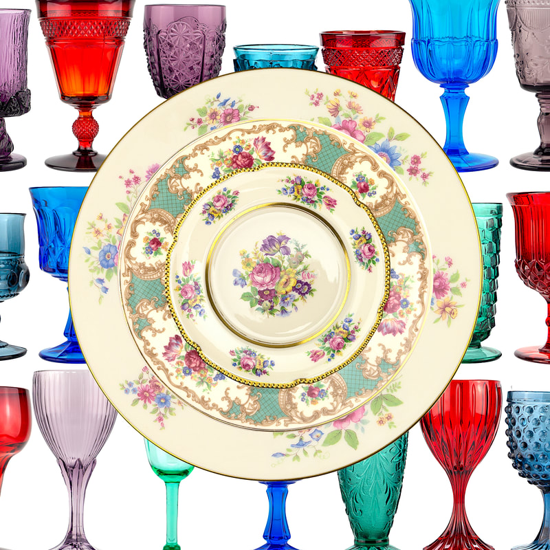 Jewel toned stemware and Bold and Beautiful dinnerware