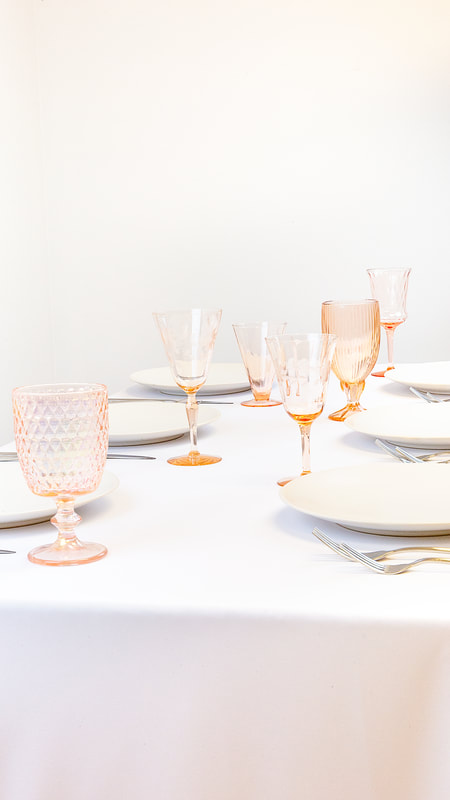 Our Blush glassware and Linen Coupe plates