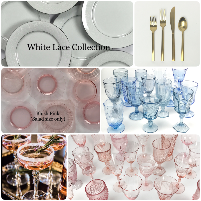 Collage of tableware rentals. White lace plates, gold flatware, pink glass salad plates, pink and blue stemware and cocktail coupe glasses.