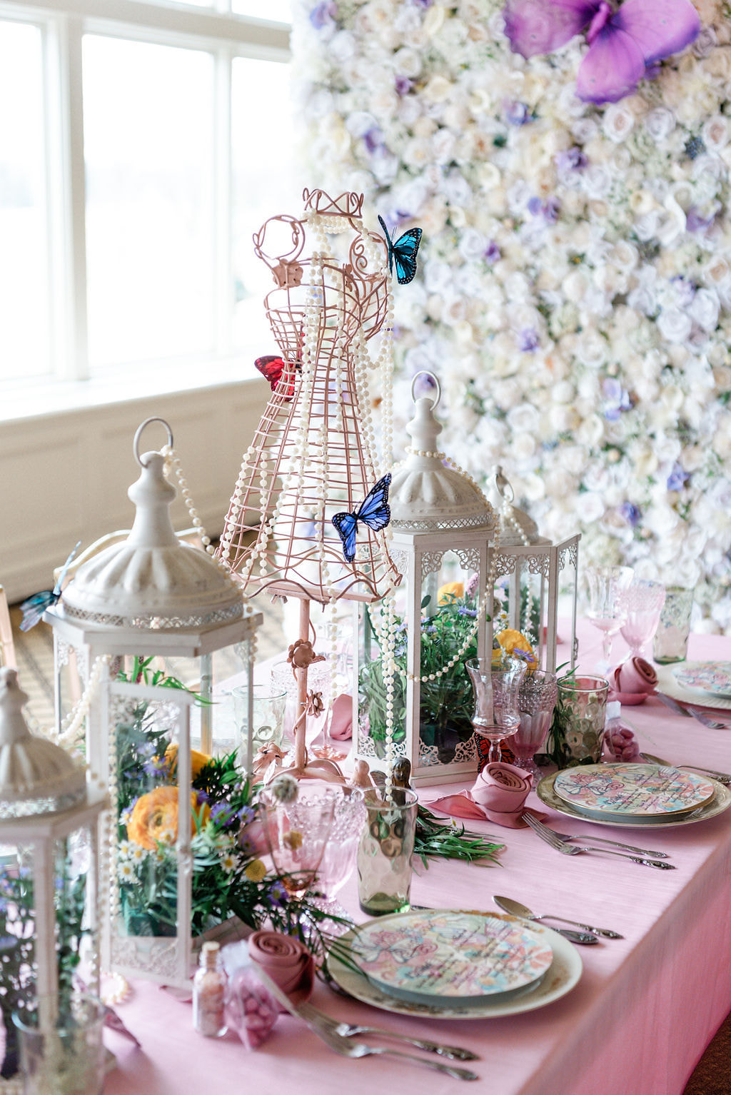Pink Polly dress form with butterflies and high tea table settings