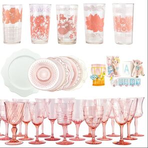 Baby shower rental supplies including pink and white tumblers, pink plates, pink stemware and vintage baby planters, Crystal Lake Illinoisbaby