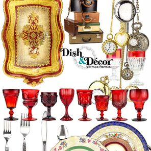 Bridgerton styled rental pieces. Gold and red platter, red wine goblets, vintage pocket watches, vintage stacked luggage