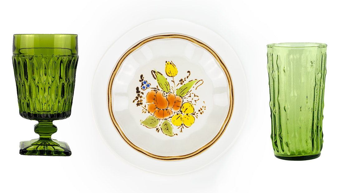 Olive glassware with flower power salad plate Linen Coupe dinner plate.