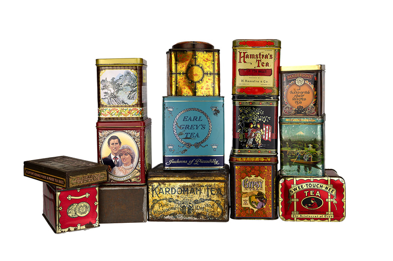 Rustic tea tin collection for tea party rental