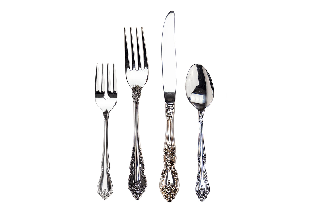 Mismatched stainless steel flatware rental