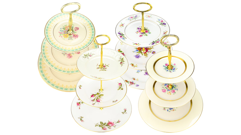 Three-tiered and also two-tiered floral China servers for tea party rentals
