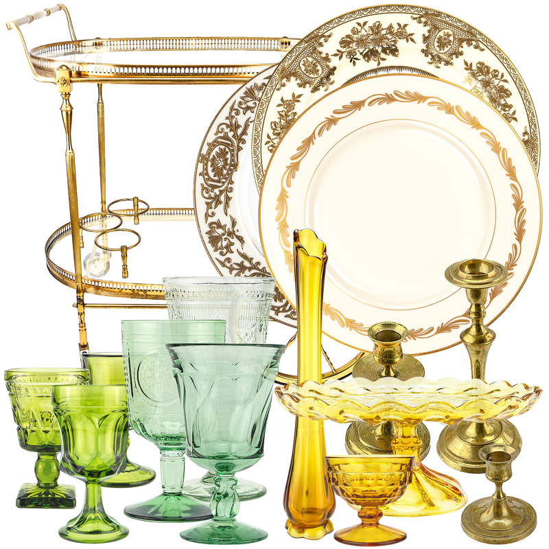 Brass cart, Glorious Gold dinnerware, brass candleholders, olive stemware, sage stemware, amber vase, cordials, amber cake stand.