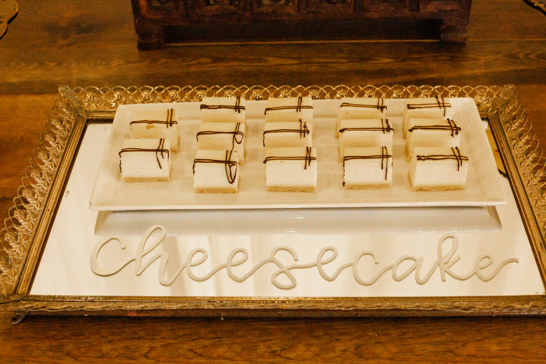 Gold mirrored trays serving mini cheese cakes