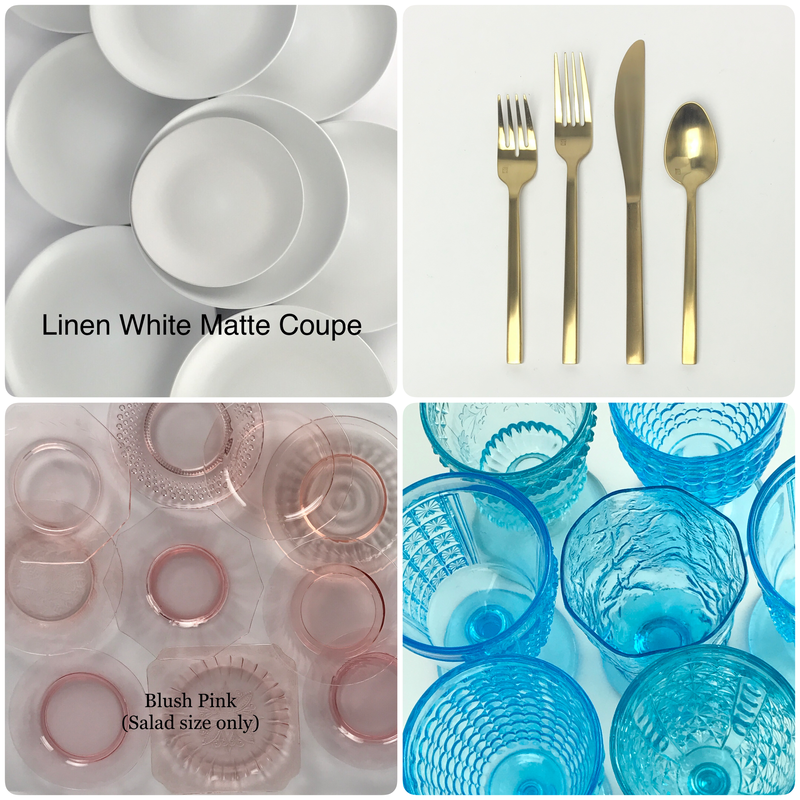 Linen coupe plate
collage of gold flatware,
pink salad plates, ice blue water goblet for rent near me